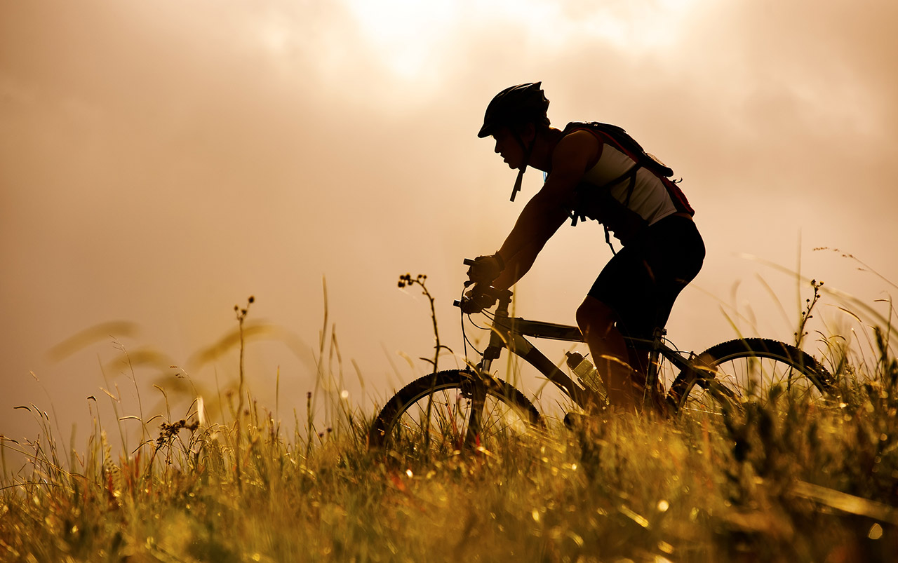 Healthy person riding a bike through a field
